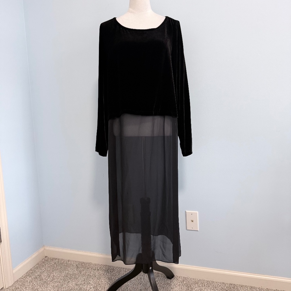 Eileen Fisher Long Tunic Size L Black‎ Velvet Sheer Silk Slits
